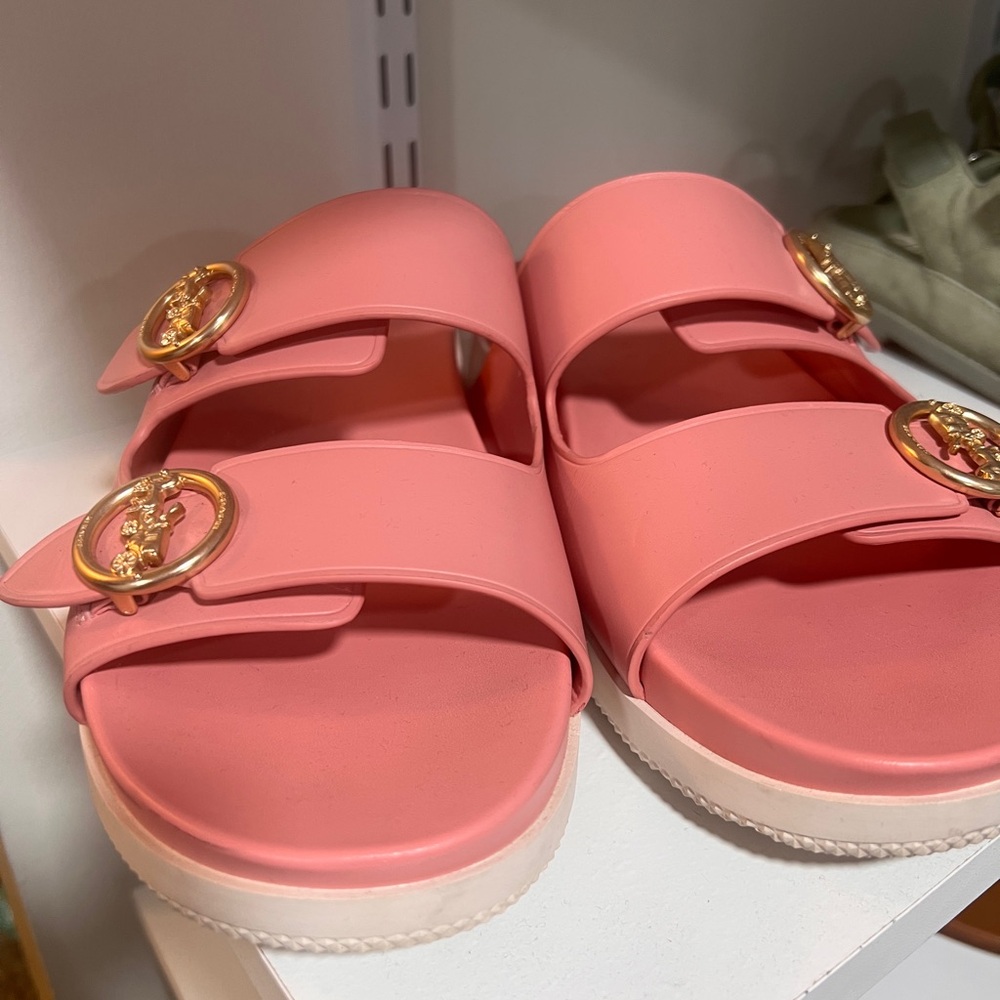 Coach Pink and Gold Slide Sandals with Metallic Details